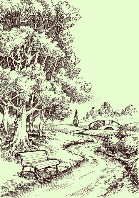 Peaceful Drawing, Bench In The Park, Park Drawing, Peace Drawing, Drawing Scenery, Forest Drawing, Landscape Design Drawings, Nature Art Drawings, Nature Sketch