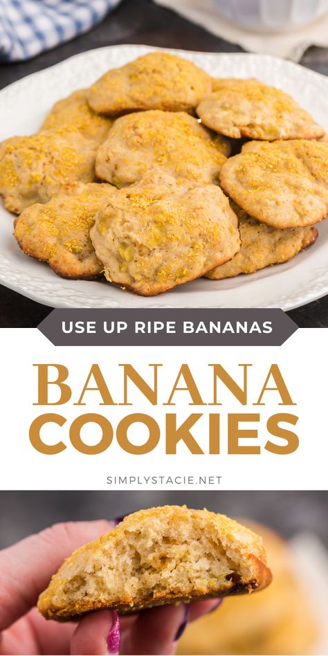 Banana Cookies - These simple cookies taste like banana bread and are the perfect way to use up your ripe bananas. Serve these soft, cake-like treats for breakfast, dessert or a quick snack. Things To Bake With Ripe Bananas, Banana Recipes Eggless, What To Do With Ripe Bananas, Recipes With Ripe Bananas, Healthy Banana Cookies, Use Ripe Bananas, Banana Cookies Healthy, Banana Cookie Recipe, Ripe Banana Recipe