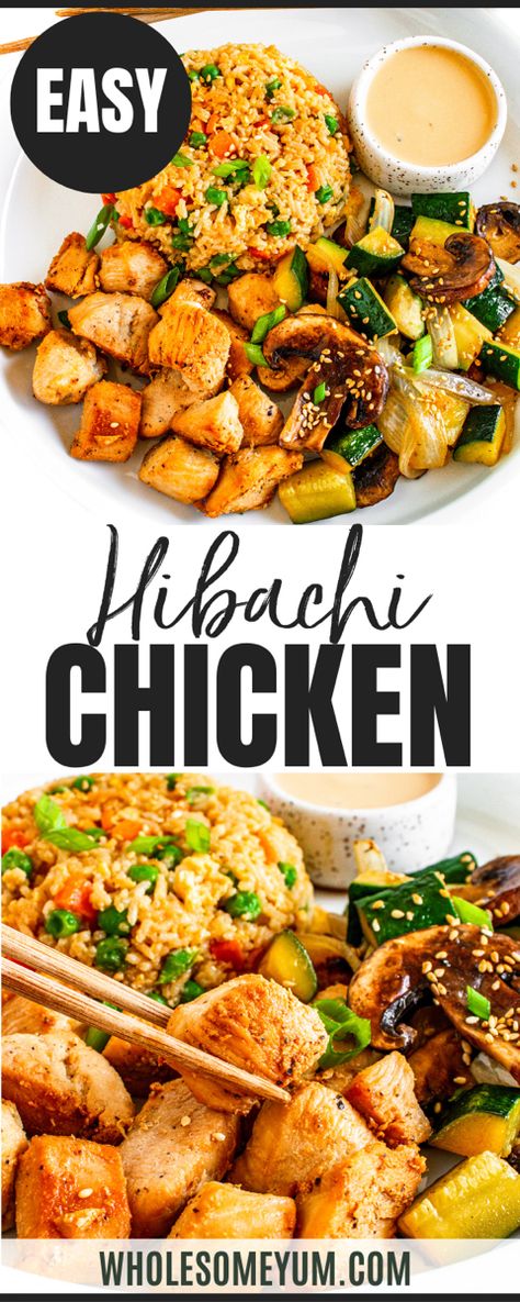 Hibachi Chicken Hibachi Chicken And Rice Recipe, Chicken Habachi Bowl, Chicken For Fried Rice Recipe, Essen, Hibachi Chicken With Fried Rice, Hibachi Chicken Stir Fry, Macro Friendly Hibachi, Gluten Free Hibachi Chicken, Fried Rice And Teriyaki Chicken