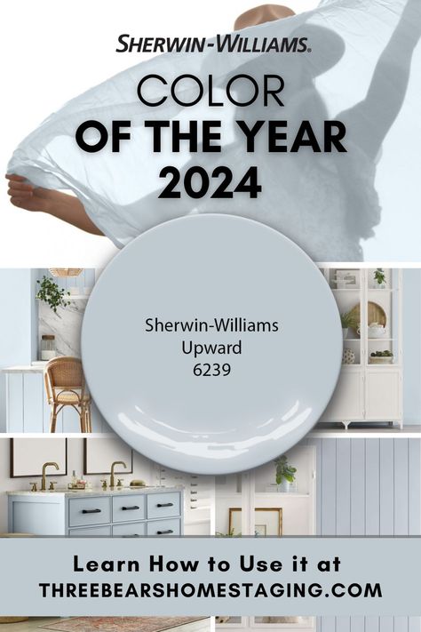 Breezy, Blissful: Sherwin-Williams 2024 Color of the Year Upward | Three Bears Home Staging® 2024 Color, Trending Paint Colors, House Paint Interior, House Color Palettes, Sherwin Williams Colors, Paint Color Schemes, Blue Paint Colors, Favorite Paint Colors, House Color Schemes