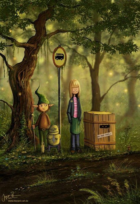 Forest Bus Stop Bus Stop Painting, Hidden Garden, Fantasy Fairy, Digital Art Illustration, Bus Stop, Halloween Season, Whimsical Art, Cartoon Illustration, Home Sweet Home