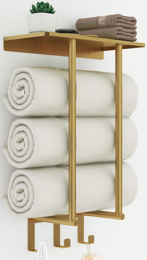 PRICES MAY VARY. Great for Small Spaces: Towel racks for bathroom with Shelf and 3 Hooks, provide you plenty of room to organize towels and other bath items, save space and keep bathroom organized Super Big Capacity: Rolled towel rack 5.3" distance from wall. Plenty large enough to comfortably hold large rolled bath towels(even the fluffy ones.) Can holds up to 3 extra large size(63"x40") of towels! Bathroom towel storage Shelf: Bathroom towel rack with top shelf, increases the space for more it Organize Towels, Bathroom Towels Display, Gold Bath Towels, Towel Racks For Bathroom, Bathroom Gold, Wall Towel Racks, Organized Bathroom, Crochet Metal, Towel Display