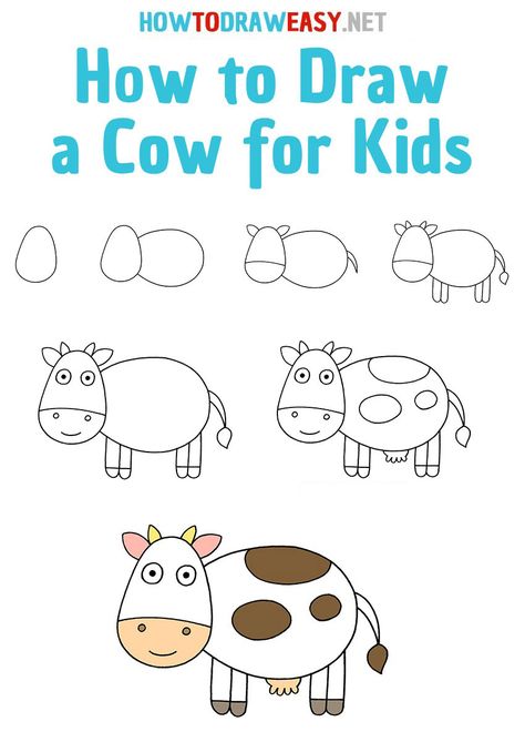 How to Draw a Cow for Kids - How to Draw Easy Halloweenpyssel Barn, Draw A Cow, Trin For Trin Tegning, Dibujo Simple, Cow Drawing, Drawing Lessons For Kids, Aktivitas Montessori, Easy Drawings For Kids, Easy Doodles Drawings