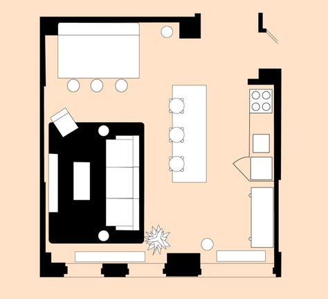 4 Living Room Layout For a Small Open-Plan Space Open Space Living Room And Kitchen Square, Open Plan Square Kitchen Living Room, Kitchen Dining Living Open Plan, Open Plan Living Kitchen Dining Layout, Small Square Living Dining Room Layout, Sofa Area In Kitchen, Sofa Open Plan Kitchen, Closing An Open Kitchen, Square Kitchen Dining Living Room Layout
