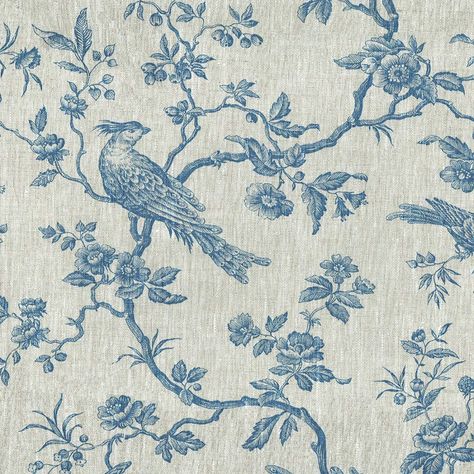 Textiles français The Regal Birds Toile de Jouy fabric - Denim Blue 7426828507065 | eBay Silk Wallpaper, Bird Perch, Fabric Birds, Denim Blue, Natural Linen, Colour Palette, Chinoiserie, Beautiful Fabric, Linen Fabric