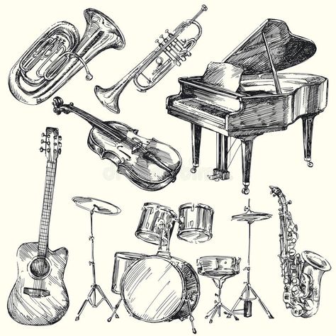 Musical Instruments Sketch, Drawing Of Musical Instruments, Musical Drawings, Music Sketch, Musical Instruments Drawing, Jazz Instruments, Instruments Art, Drawing Instruments, Music Drawings