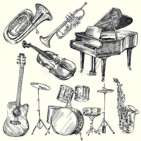 Musical Instruments Sketch, Drawing Of Musical Instruments, Musical Drawings, Instruments Drawing, Music Sketch, Musical Instruments Drawing, Jazz Instruments, Reference Photography, Drawing Instruments