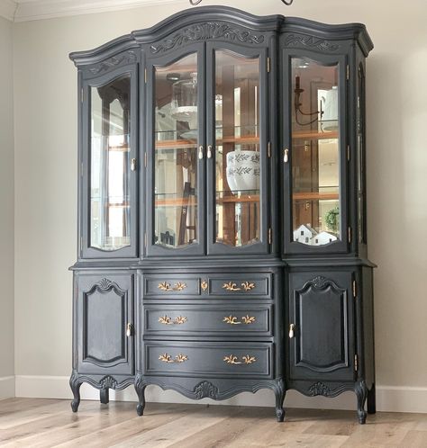 Upcycling, French Crockery Cabinet, China Cabinet With Mirrored Back, Restored China Cabinet, Navy Blue China Cabinet, Redone China Cabinet, Moody French Provincial, Vintage China Cabinet Makeover, Painted China Cabinet Ideas