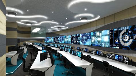 Control Room Solutions- Best Architecture for Control Room Interior Designers | Futuristic Control Room, Vr Room Interior Design, Control Room Design, Monitoring Room, Futuristic Office, Security Room, Teknologi Futuristik, Sci Fi Building, Meeting Room Design