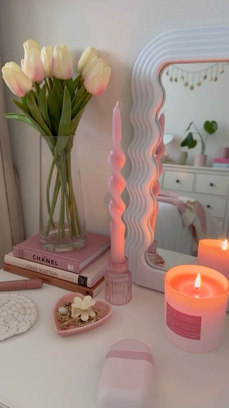 Taper Candle Aesthetic, Bedroom Candles Aesthetic, Candles Preppy, Preppy Candles, Candle Making Aesthetic, Candles Stick, Danish Room, Pink Taper Candles, Pink Dinner