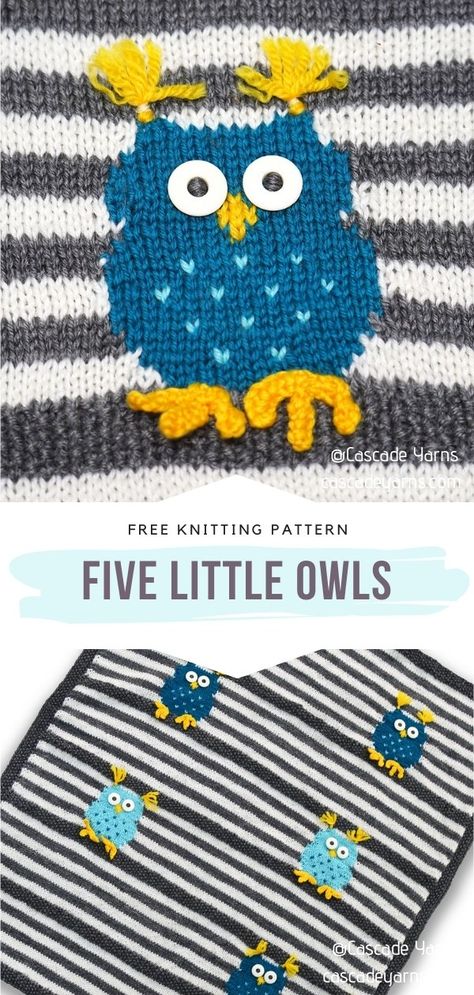 Five Little Owls Free Knitting Pattern This pattern by Amy Bahrt is both modern and cute! If you are arranging a nursery or making baby-shower gifts, you should add this lovely blanket to your repertoire of knitting tricks. #knitblanket #knitbabyblanket @owlknittingpattern #freeknittingpattern Intarsia Knitting Patterns, Knitting Tricks, Free Crochet Baby Blanket Patterns, Owl Knitting Pattern, Free Crochet Baby Blanket, Crochet Baby Blanket Patterns, Giraffe Blanket, Baby Blanket Patterns, Knit Afghan Patterns