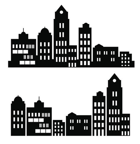 On a white background, a vector flat set of illustrations of architecture city buildings in silhouettes under various constructions Bff Phone Cases Iphone, Batman City, Bff Phone Cases, Cartoon Building, Building Silhouette, Architecture City, Silhouette School, City Vector, City Silhouette