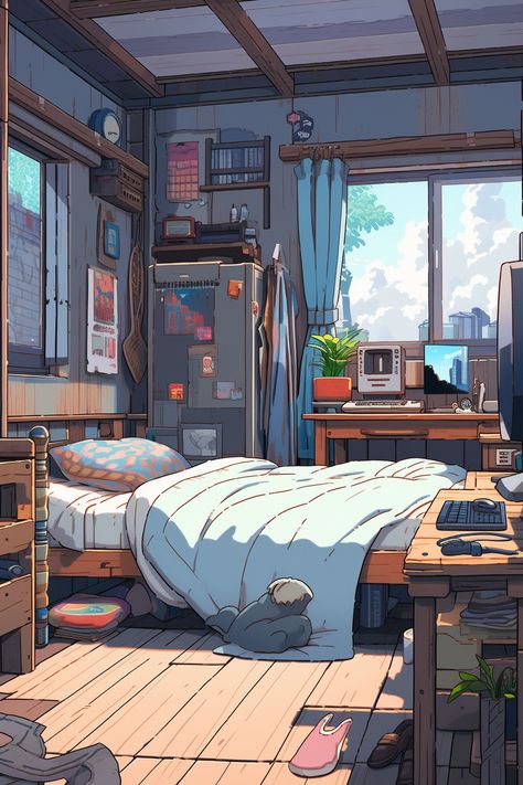 Lofi Beats Aesthetic, Anime Room Aesthetic Drawing, Rooms To Draw, Home Anime Aesthetic, Digital Art Bedroom, Anime Apartment Aesthetic, Anime Cozy Aesthetic, Anime Bedroom Wallpaper, Bedroom Background Drawing