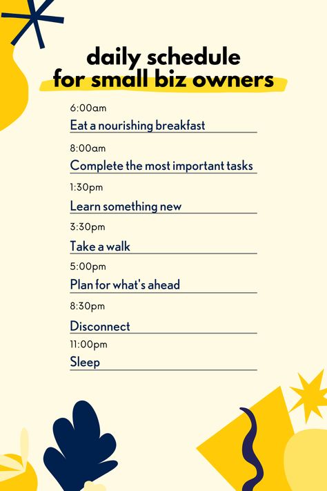 Organize your day with this daily schedule for small business owners. #smallbiz #smallbusiness #schedule #routine Small Business Owner Daily Schedule, Small Business Daily Schedule, Business Daily Planner, Schedule Routine, Daily Routine Schedule, Office Organization At Work, Routine Tips, Schedule Templates, Beauty Routine Tips