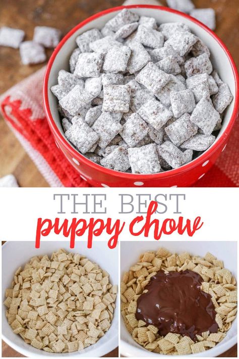 Our Favorite Puppy Chow Recipe!!  So easy to make-which includes chex cereal, powdered sugar, & yummy melted peanut butter and chocolate chips!! #puppychow #puppychowrecipe #muddybuddies #easydessert #dessertrecipe Puppy Mix Recipe Chex Cereal, Puppie Chow Recipe, Puppy Chow Rice Chex Mix Recipe, Puppy Chow With Butterscotch Chips, Puppy Chow Mix Recipes, Puppy Chow Dessert, Pb Puppy Chow, Recipe For Puppy Chow Chex Cereal, The Best Puppy Chow Recipe