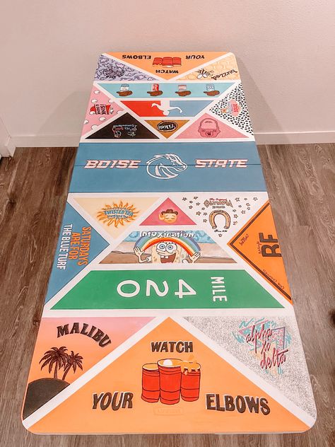 college inspired beer/water pong table #college #beerpong #beerpongtable #painted #diy #boisestate Morgan Wallen Pong Table, Painted Beer Pong Table Ideas Guys, Get Iced Pong Table, Beer Pong Tables Painted Ideas, Fsu Beer Pong Table, Ohio State Beer Pong Table, Pong Table Tape Layout, Spongebob Pong Table, Beer Pong Table Painted Western