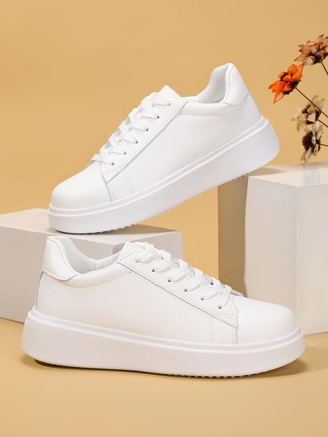 Women White Minimalist Casual Shoes, Round Toe Lace-up Front Skate ShoesI discovered amazing products on SHEIN.com, come check them out! Plain White Shoes, Plain White Sneakers, Snicker Shoes, Elegant Sneakers, Casual Shoes Women Sneakers, White Casual Shoes, White Nike Shoes