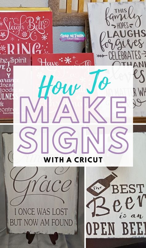 pictures of different signs made with a Cricut Diy Wooden Signs With Vinyl, Wood Sign Tutorial, Making A Sign With Cricut, Signs Using Cricut, How To Make Farmhouse Signs, How To Make A Sign On Wood, How To Make Wooden Signs With Cricut, Circuit Signs Diy, Making Signs With Cricut