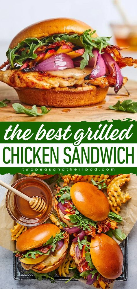 Here's a delicious summer grilling idea for you! This Grilled Chicken Sandwich starts with grilled chicken on a bun with cheese, bacon, and more! It also makes the best 4th of July recipe or Father's Day dinner idea! Grilled Chicken Recipes Sandwich, Dinner Recipes Sandwiches Meals, Dinner With Buns, Healthy Grilled Sandwiches, Best Bbq Chicken Sandwiches, Grilled Chicken Club Sandwich Recipes, Best Grilled Chicken Sandwich Recipes, Grilled Chicken For Sandwiches, Friday Night Grilling Ideas