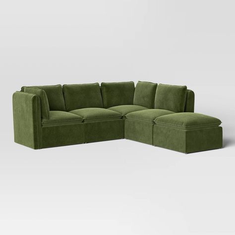 This 5-Piece Haven French Seam Modular Sectional from Threshold™ is just what you need to put together a cozy space for relaxing with family or hosting friends. The modular sectional pieces pair well with virtually any decor aesthetic. You get two armless sectional pieces, two corner sectional pieces and an ottoman, and the pieces are easy to arrange together with no tools needed. Threshold™: Looks like home, feels like you. Colorful Sectional Sofa, Sage Green Sectional, Green Sectional Couch, Green Sectional Sofa, Dark Green Velvet Fabric, Friends Reading, Armless Sectional, L Shape Sectional, Housing Interior