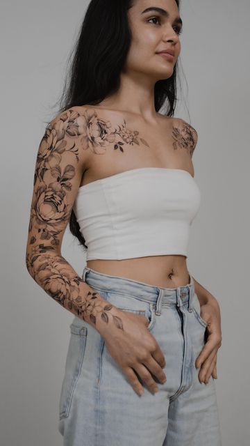 Cherry Blossom Arm Sleeve Tattoo, Peony Arm Tattoos For Women, Floral Sleeve Cover Up Tattoo, Feminine Tattoo Sleeves Non Floral, Tattoo Full Sleeve Women, Lioness Sleeve Tattoo, Tattoo Sleves Design Women Flowers, Full Floral Sleeve Tattoo, Fine Line Tattoo Women