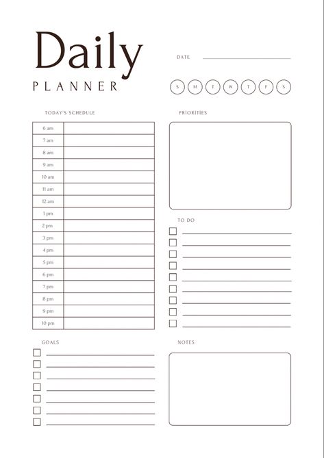 Organisation, Daily Planner Design Ideas, Goodnote Planner Template Free, Weekly Planner Black And White, Planner Template Black And White, Good Notes Daily Planner, Daily Planner Black And White, Free Printable Daily Planner Template, Daily Planner Template Free