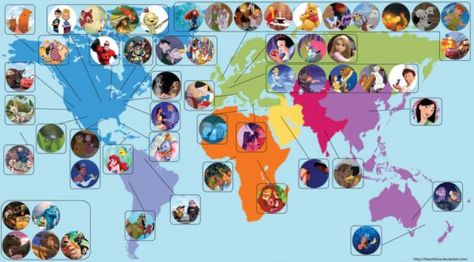 Disney Movie Settings Map - Neatorama Movie Map, Disney Map, Disney Amor, Animation Disney, Arte Nerd, Pixar Films, Movie Locations, Disney Animated Movies, Film Disney