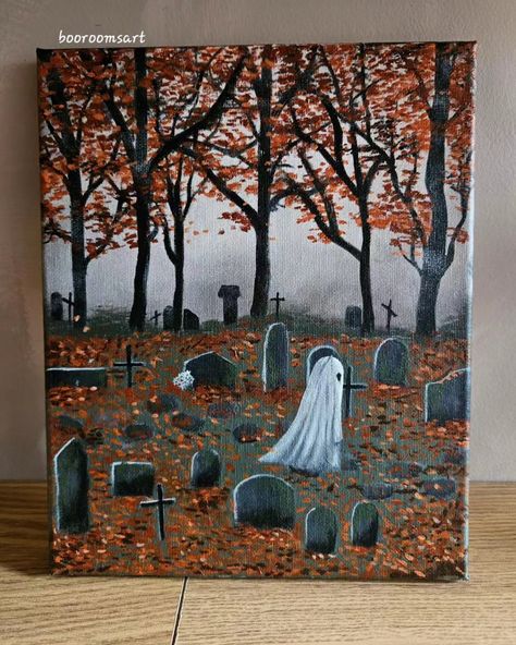 Ghost in graveyard Halloween Canvas Art, Halloween Canvas Paintings, Acrylic Painting Ideas, Halloween Canvas, Canvas For Beginners, Halloween Artwork, Canvas Painting Designs, Halloween Painting, Halloween Drawings