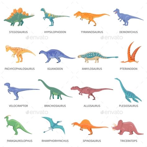 Colored isolated icons set of different types of dinosaurs in cartoon style with name of class or kind flat vector illustration. E Isolated Icons, Dinosaur Types, Kids Room Art Prints, Dinosaur Alphabet, Dinosaur Posters, Dinosaur Images, Free Icon Set, Dinosaur Illustration, Dinosaur Coloring
