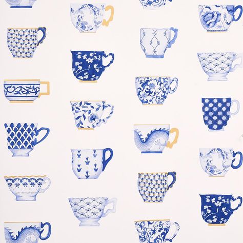 Onie's Teacups - Porcelin Wallpapers | Schumacher Teacup Wallpaper, Gallagher House, Chinoiserie Modern, Schumacher Wallpaper, Chinoiserie Motifs, Waves Wallpaper, Wallpaper Rolls, Hand Painted Artwork, Cole And Son