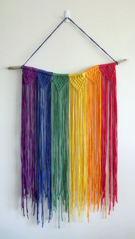 Rainbow Macrame Wall Hanging Pride Crafts To Sell, Rainbow Macrame Wall Hangings, Colorful Macrame, Dreamcatcher Diy, Hanger Decor, Makramee Diy, Rainbow Macrame, Yarn Wall Art, Diy Macrame Plant Hanger