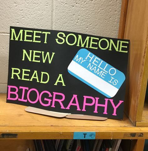 Biography Display Ideas, Nonfiction Library Book Displays, Carve Out Time For Reading, Library Staff Picks Display, New Books Sign For Library, Book Bulletin Board High School, Biography Display Library, Creative Library Displays, New Book Library Display