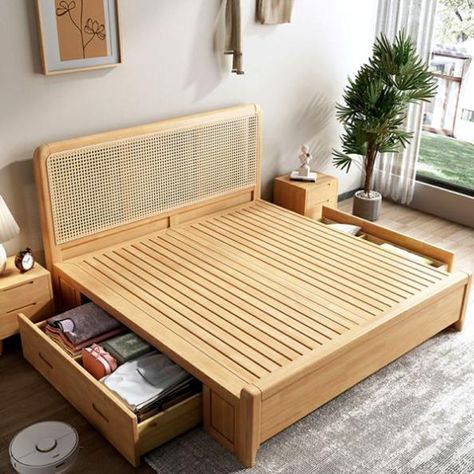 About this item The headboard of the bed frame is made of hand-woven natural rattan, the wooden finish makes this bed very natural and clean. The natural rattan bed can blend well with various furniture styles, creating a very natural bedroom. The wooden drawer board is welded with sturdy iron bars, which can store additional seasonal clothes, towels, or blankets, making better use of the space under the bed. Equipped with smooth wheels for easy pulling. Wooden headboard/footboard/drawer board m Scandinavian Bed, Rattan Bed Frame, Rattan Bedroom, Wooden Bedroom Furniture, Bed Headboard Design, Bed Frame Design, Wooden Bedroom, Bed Design Modern, Simple Bed