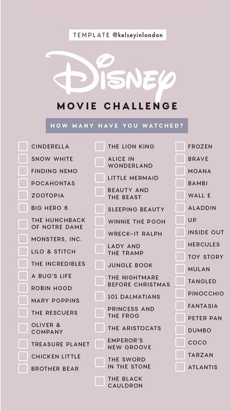 The Disney Movie Challenge checklist. How many have you watched? Disney Movie Marathon, Bucket List Movie, Netflix Movie List, Disney Movies List, Netflix Movies To Watch, Disney Movies To Watch, Good Movies On Netflix, Movie To Watch List, Images Disney