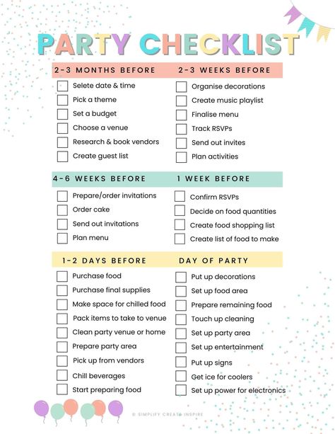 How To Decide Who To Invite To A Birthday Party, Things To Have At Your Birthday Party, What To Do At A Birthday Party At Home, How To Plan Your Birthday Party, Steps To Planning A Birthday Party, Kids Birthday Checklist, How To Set Up A Birthday Party, 2nd Birthday Party Checklist, Party Supply List Checklist