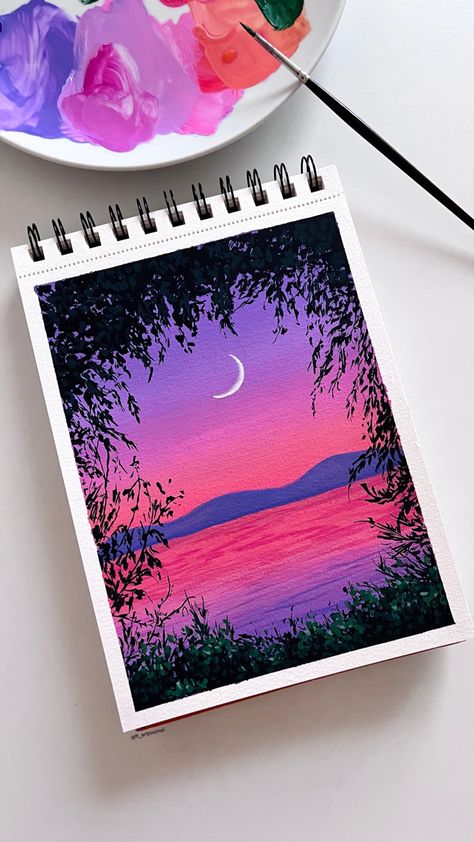 Pink Gouache Painting, Scenery Aesthetic Painting, Gouache Beginner Painting, Simple Acrylic Landscape Paintings, Himi Gouache Art Simple, Moon Canvas Painting Easy, Landscape Gouache Painting, Scenary Paintings Aesthetic, Gouche Painting Beginners