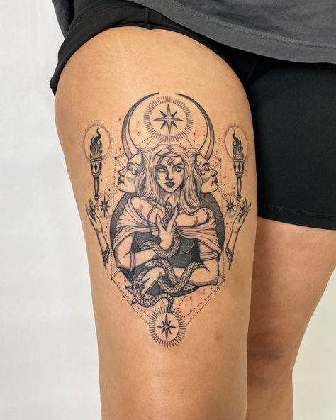 - P H I A - on Instagram: "Hecate Goddess of magic ✨ Thank you, Erin! This one was so fun! #hecate #blackworktattoo #dotworktattoo #nyctattoo #witchytattoo #mythologytattoo" Powerful Goddess Tattoo, Hekate Tattoo Ideas, Lilith Tattoo Goddesses, Hekate Tattoo Triple Goddess, Triple Moon Goddess Tattoo, Hecate Goddess Tattoo, Hekate Tattoo, Triple Goddess Tattoo, Hecate Tattoo