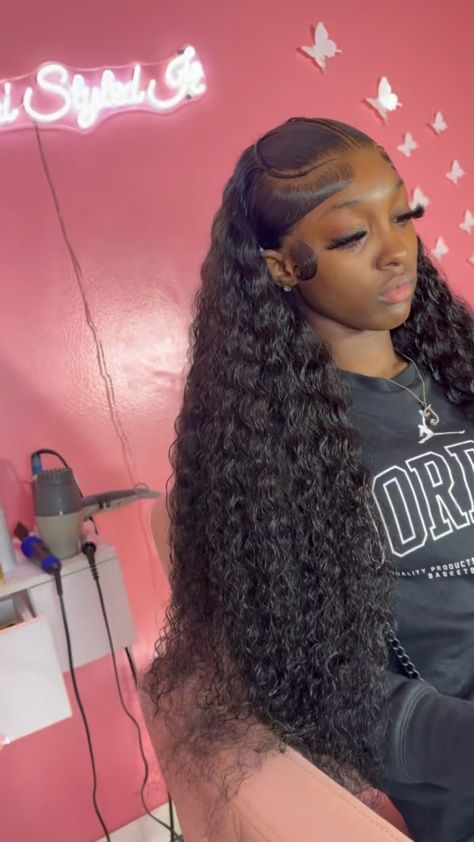 A FLAT FOUNDATION 😍😍 wig details : natural 30” deep wave wigs are always on hand 🌟 if you’re viewing, follow us @muvalandofbeauty 🫶🏾 🚫🚫… | Instagram Braided Water Wave Wig, Deep Wave Black Wig, Wet Wavy Lace Front Wigs Hairstyles, Wet Wave Wig Styles, Wig Hairstyles With Crimps, Deep Wave Up And Down Hairstyle, Deep Wave Hair Styles For Black Women, Bow Lace Front Wig, Curly Deep Wave Wig Styles
