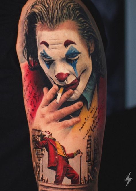 Joker Tattoo Phoenix Realistic, Joker Chest Tattoo, Tato Joker, Batman Joker Art, Family Sleeve Tattoo, Tattoo Joker, Bullet Tattoo, Joker Joaquin, Black Sleeve Tattoo