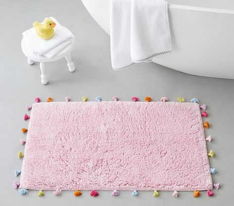 Pink Bath Mat, Dorm Stuff, Cute Bath Mats, Kids Shower Curtain, Pink Baths, Girls Bathroom, Striped Towels, Towel Collection, Kids Bathroom