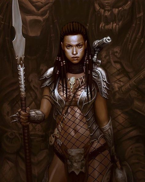 "She Predator", illustrated by Shahir Shakir on Deviantart.com 〰 Nubiamancy is a horror, fantasy, and science fiction social media… Luis Royo, Heroic Fantasy, Alien Vs Predator, Alien Vs, Warrior Girl, Wow Art, Warrior Princess, Fantasy Warrior, African American Art