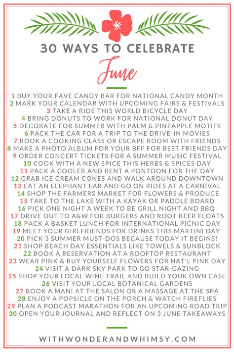 30 Ways to Celebrate June Summer Bucket List Organisation, 31 Ways To Celebrate January, Ways To Celebrate January, June Bucket List, Things To Do In June, June Goals, National Holiday Calendar, June Celebrations, Monthly Ideas