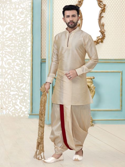 Discover the latest ethnic wear trends for men at Mirraw. From traditional to contemporary styles, we have a wide collection of kurtas, sherwanis, pajamas, and more. Shop now and get the best deals. Stay updated with the latest fashion trends at Mirraw. #ethnic wear #ethnicdress Dhoti Style Dresses, Dhoti Kurta, Mens Traditional Wear, Mens Indian Wear, Vs Image, Dhoti Pant, Silk Stoles, Marriage Dress, Chinese Collar