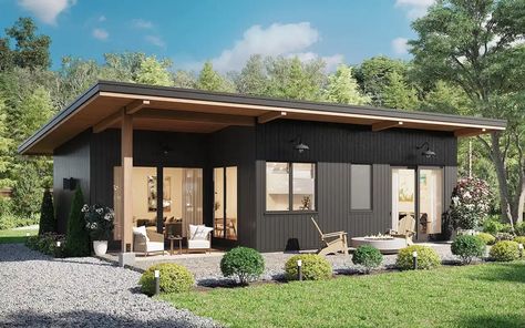 Accessory-dwelling-unit House Plan - 2 Bedrooms, 2 Bath, 800 Sq Ft Plan 29-177 Contemporary Long House, 20x35 House Plans, Adu House Plans, Mid Century Modern Cabin, Prefab Tiny Houses, Adu House, Scandinavian Modern House, Open Patio, Mid Century Modern House Plans