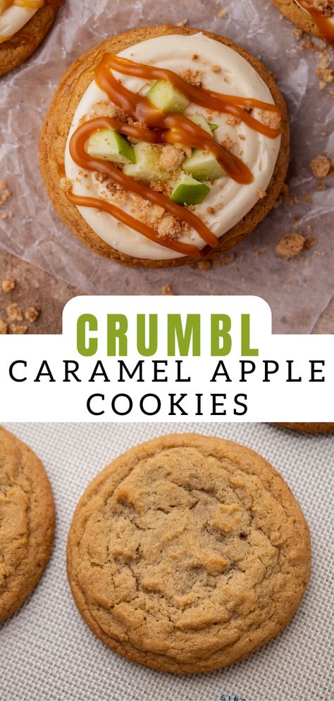 Fall Baking Challenge, Carmel Apple Cookies, Crumbl Copycat, Caramel Cream Cheese Frosting, Apple Cookies Recipes, Crumble Cookie Recipe, Caramel Apple Cookies, Baking Challenge, Crumble Cookie