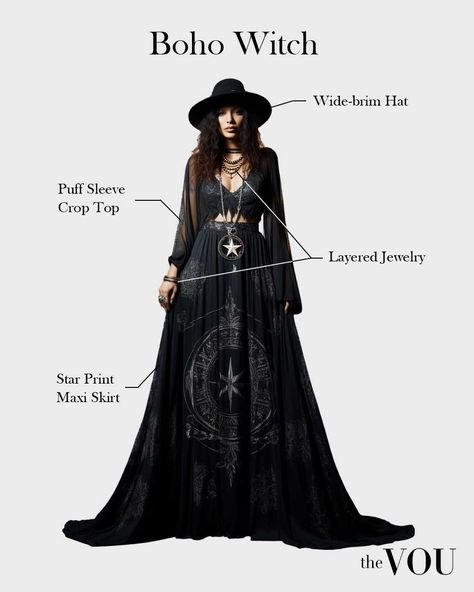 Boho Witch style infuses the mystical aesthetics of witchy fashion into the Boho realm. Expect to see floor-length, flowing black dresses, wide-brimmed hats that cast shadows, and layered necklaces with symbolic occult imagery alongside moon and star motifs. Bohemian Style Shoes, Halloween Couples Costumes, Outfit Idea For Women, Men Style Guide, Bohemian Outfits Summer, Witchy Outfits, Estilo Hippie Chic, Witch Style, Boho Witch