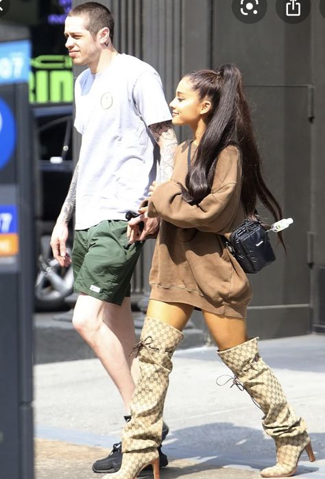 Pete Davidson And Ariana Grande, Pete Davidson And Ariana, Brown Hoodie Outfit, Ariana Grande And Pete Davidson, Hoodie Dress Outfit, Dress Outfit With Boots, Tan Hoodie, High Knee Boots Outfit, Backpack Outfit