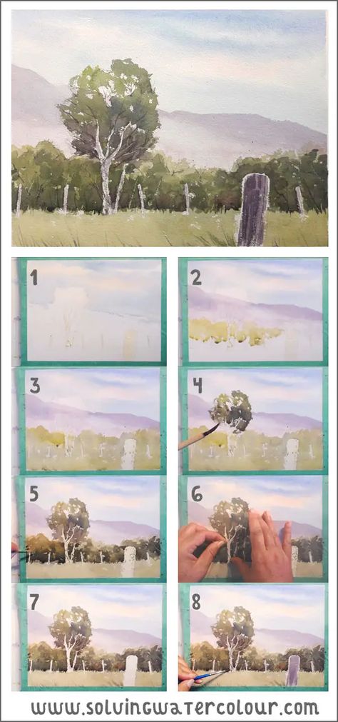 How To Paint Simple Landscapes, Watercolour Landscape Step By Step, Watercolor Painting Steps, Landscape Step By Step Painting, How To Paint Watercolour Landscapes, Simple Art Landscape, Step By Step Painting Watercolour, How To Paint Landscapes Watercolors, Watercolor Landscape Step By Step