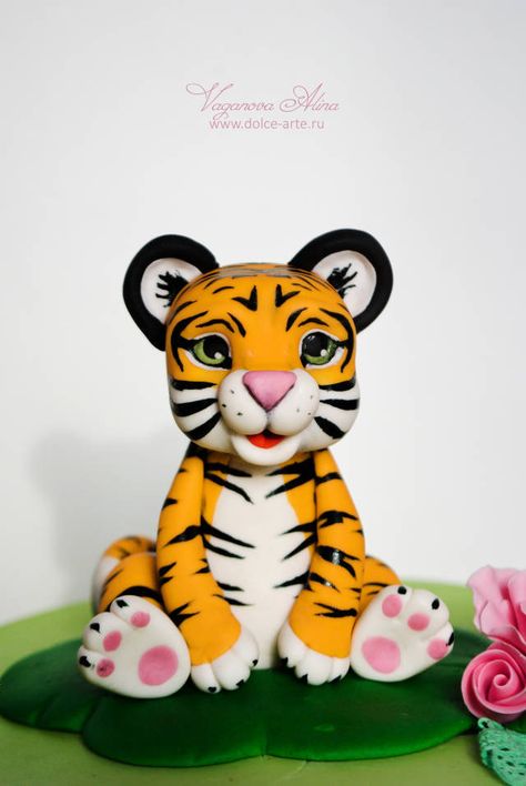 mother calls the baby birthday girl a little tiger. Cake is 6 inches in diameter and tiger height is 3.5 Inch Fondant Tiger Cake Topper, Fondant Tiger Topper, Tiger Cakes For Kids, Tiger Cake Birthday, Tiger Cake Ideas, Tiger Fondant, Tiger Cake Topper, Tiger Birthday Cake, Cake Baby Boy