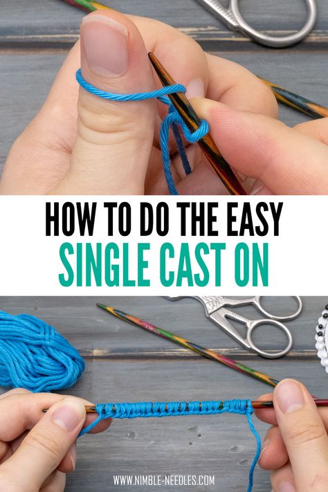 A step by step tutorial on how to do the single cast on. A super easy method to cast on for knitting. Fast, neat and doesn't involve any complicated steps or risks running out of yarn. Cast On Stitches Knitting, Knitting Cast On Video, How To Cast On Crochet, Easy Cast On For Knitting, Start Knitting How To, Knitting Casting On, How To Do Knitting, Knitted Cast On, How To Cast On Stitches For Knitting